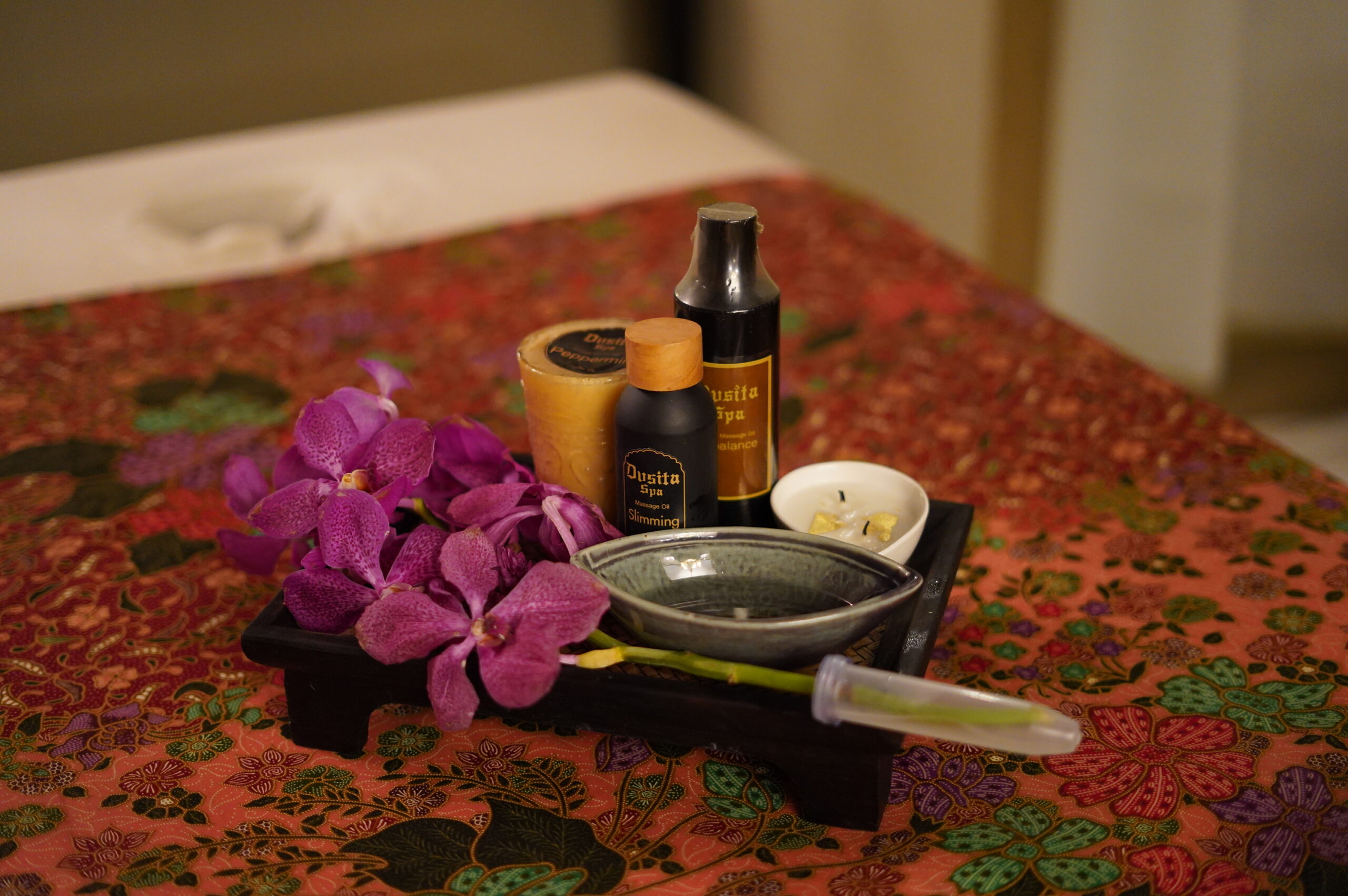 Dusita Spa skincare range displayed at the spa boutique